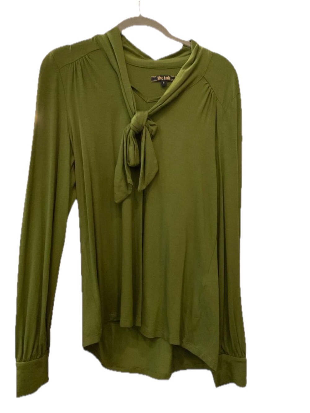 French King Louie Olive Green Tie-Neck Long Sleeve Blouse | L - Picture 1 of 4